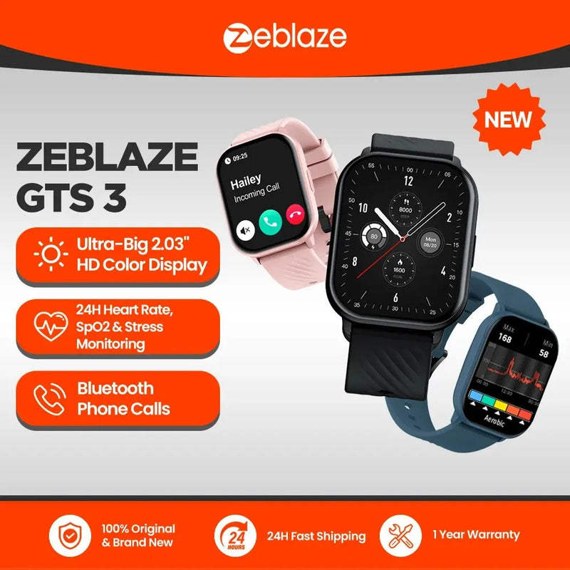 Novo Smartwatch Zeblaze GTS 3 com Chamadas por Voz - Tela HD Ultra-Grande de 2,03'' | Monitor de Saúde 24h | Mais de 100 Modos Esportivos |